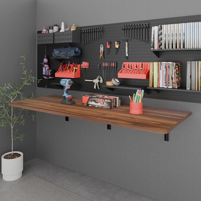 IAE 55" x 22" Floating Foldable Desk,Wall-Mounted Folding Computer Table with Engineered Wood,Study Table with Shelf Brackets,Fold Down Shelf,Fold Computer Desk for Small Spaces,Holds 500 lb,Walnut