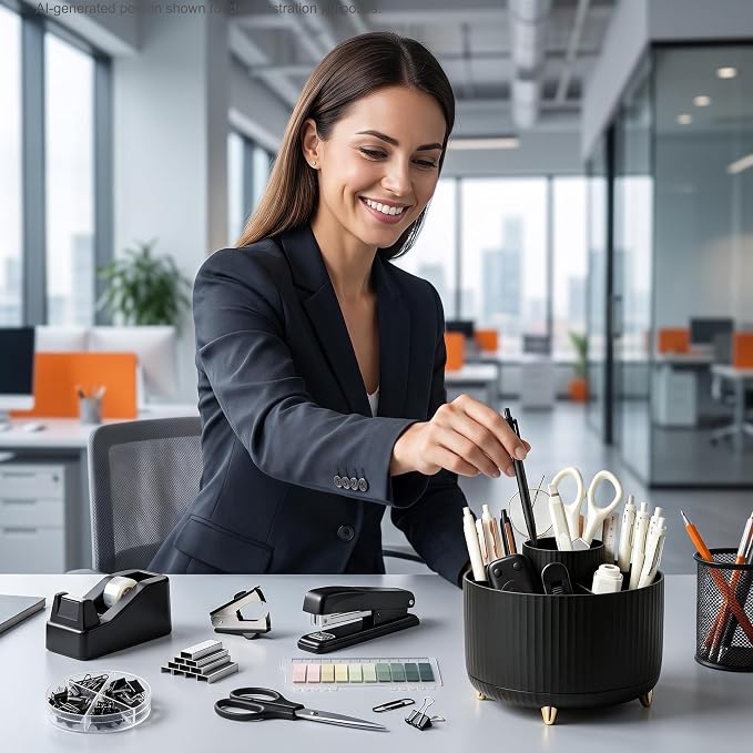 Office Supplies Rotating Pen Holder for Desk with Stapler Staple Remover, Tape Dispenser, Tape Refills, Binder Paper Clips Kit, Scissor,Pen, Ruler & Sticky Tabs,White Office School Supplies(Black)