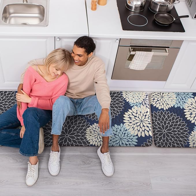 KIMODE Anti Fatigue Kitchen Mats for Floor Cushioned Kitchen Rugs Sets of 2 | 17"x59"+17"x29",Floral,Blue,Non-slip,Waterproof,Kitchen Runner Rug,Comfort Foam Paded Mat for Floors Office Laundry Sink