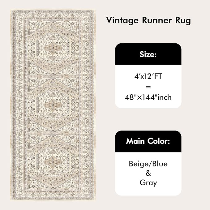 4x12 Runner Rug for Hallway Washable: Non Slip Kitchen Rugs with Rubber Backing Soft Waterproof Wide Mats Stain Resistant Low Pile Carpet for Entryway Bedroom Bathroom Laundry Home Decor Beige/Gray