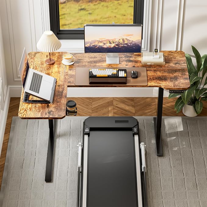 Acrolix L Shaped Electric Standing Desk - 51x31.5 Inch Reversible Corner Sit Stand Desk with Hook&Cup Holder,Electric Height Adjustable Table,for Small Home Office&Bedroom Computer Desk, Rustic Brown