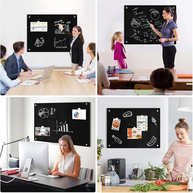 Magnetic Black Glass Dry Erase Board, 6' x 4', Frameless Wall Mount | 72" x 48" Large Glass Whiteboard for Wall, Includes 1 Marker Tray and 10 Magnets, White Board for Office, Home, Classroom