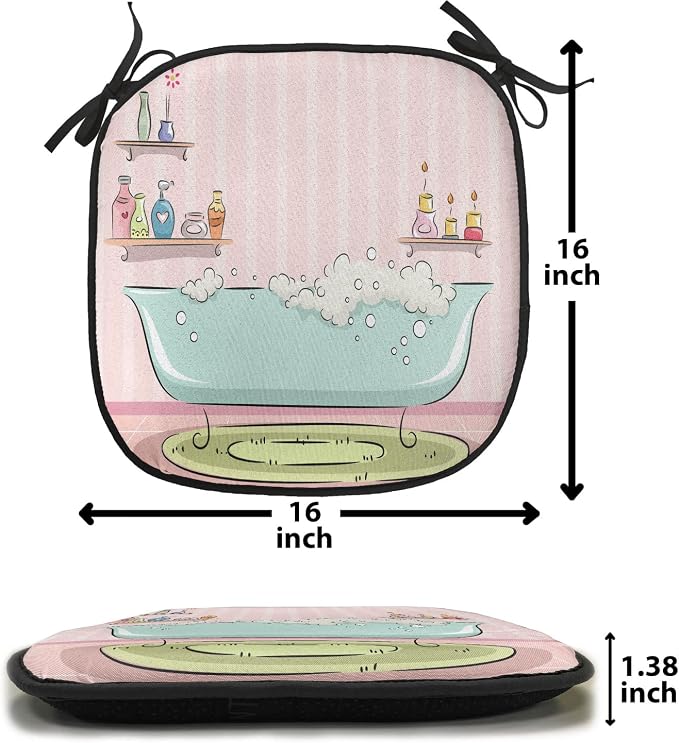 Lunarable Feminine Chair Cushion Pads Set of 6, Illustration of a Bathtub with Bubbles in Girly Room Aroma Oil Aromatherapy, Anti-Slip Seat Padding for Kitchen & Patio, 16"x16", Pink and Blue