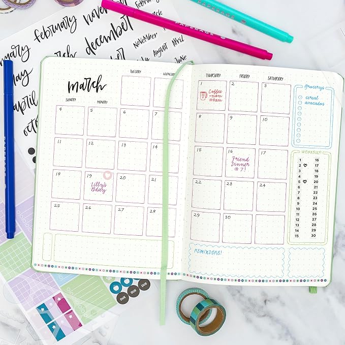 PAPERAGE Bullet Journal Kit, Dotted Journaling Set & Stationary Kit, Hardcover Dotted Journal Notebook (Blush), 12 fineliner Pens, 8 Sticker & 3 Stencil Sheets, 6 Washi Tapes