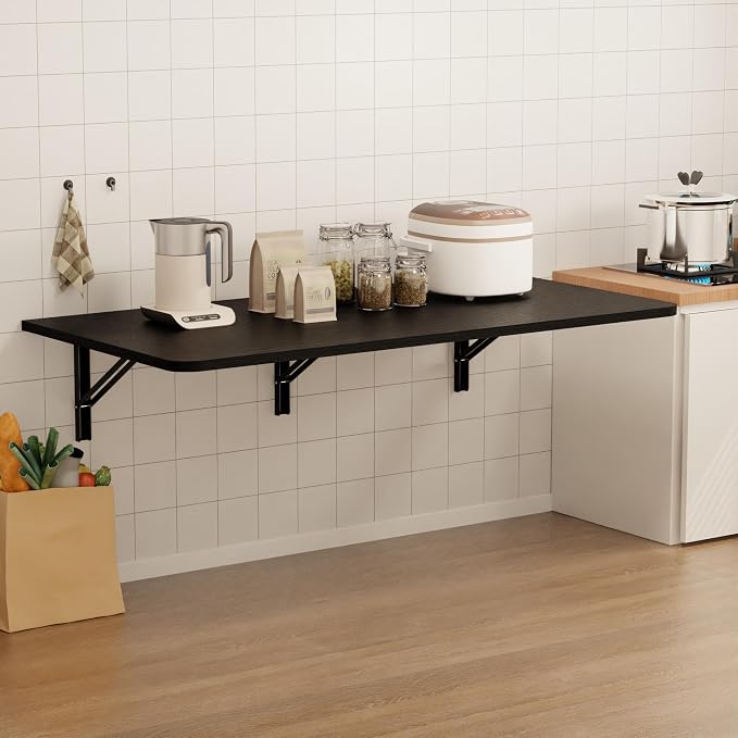 IAE Wall Mounted Floating Foldable Desk, 48" x 22" Folding Computer Workstation Table with Engineered Wood and Metal Shelf Brackets,Fold&Floating Design for Home Office, Apartment,Laundry Room,Black