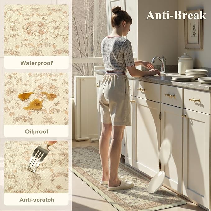 KIMODE Cushioned Kitchen Mats for Floor,Anti Fatigue Kitchen Rug Sets of 2 | Beige,Padded Kitchen Mats,Memory Foam Kitchen Mat Waterproof, Vintage Kitchen Rugs Non Slip for Laundry Office Home Decor