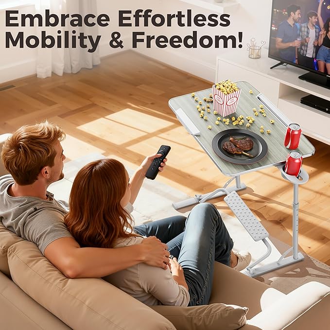FoldWise Upgraded Folding TV Tray Table - Extra Large & Sturdy Laptop Table for Couch, Height & Angle Adjustable Desk for Dinner, Work & TV - Includes Footrest, Cup Holder, iPad Holder & Edge Stopper