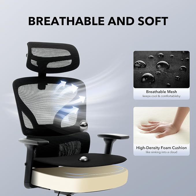 Office Chair Ergonomic Desk Chair - Home Mesh Office Desk Chair with Adjustable Lumbar Support, High-Back Computer Gaming Chair with Headrest 3D Armrests, Rolling Swivel Task Chairs for Home, Office