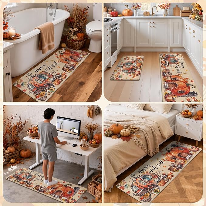Ileading Fall Kitchen Mats Anti Fatigue, Pumpkin Kitchen Rugs Sets of 2 | Cushioned Non Slip Autumn Kitchen Mats for Floor, Waterproof Padded Floor Carpet for Harvest Thanksgiving