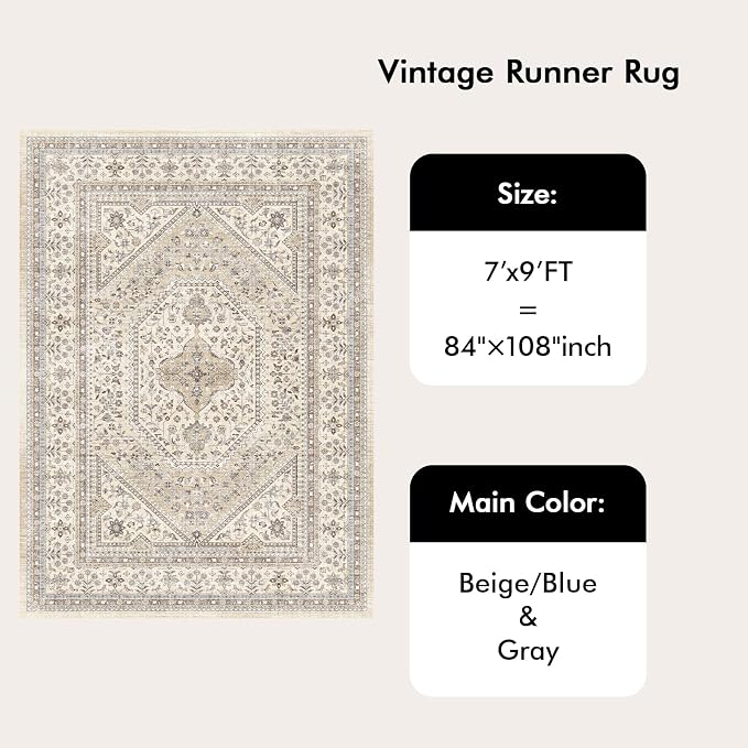 Washable 7x9 Area Rugs for Living Room: Soft Bedroom Rug Non Slip Rugs with Rubber Backing Ultra Thin Low Pile Carpet for Dinging Room Home Office Decor Beige/Gray