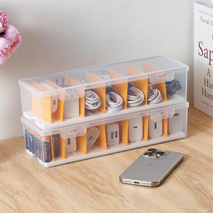 Cable Organizer Storage Box with 8 Cable Ties, Clear Phone Charger Organizer Case Wire Organizers for Cords Electronic Storage Box for Drawer Desk Office Home (1 Pack)