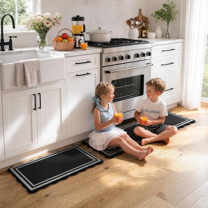 KIMODE Kitchen Mats Cushioned Anti Fatigue,Farmhouse Kitchen Rugs Sets of 2 | Black Scalloped Rugs, Runner Rug Non Slip, Comfort Standing Desk Mat for Laundry Office Bathroom Sink Dorm 17"x47"+17"x29"