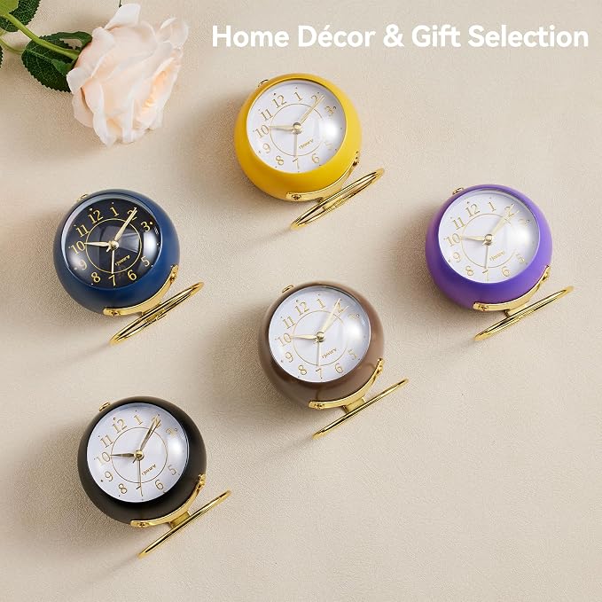 rjuwurv Metal Desk Alarm Clock, Retro Bedroom Table Vintage Analog Silent Non-Ticking Gold Alarm Clock, Bedside Decor(Black)