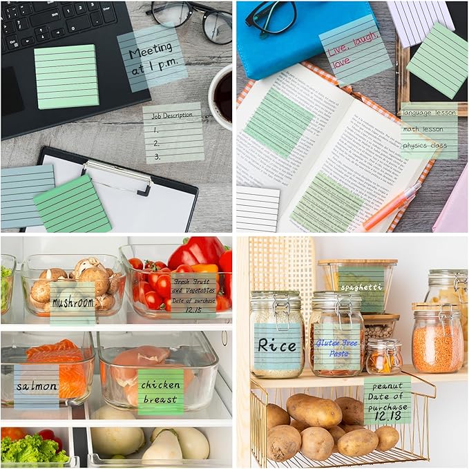 3x3 Inch Transparent Sticky Notes 300 Sheets, Clear Translucent Lined Self-Adhesive Memo Repositionable Reminder Pad for Office, College Students, Planners, Journals, School Supplies (Green)
