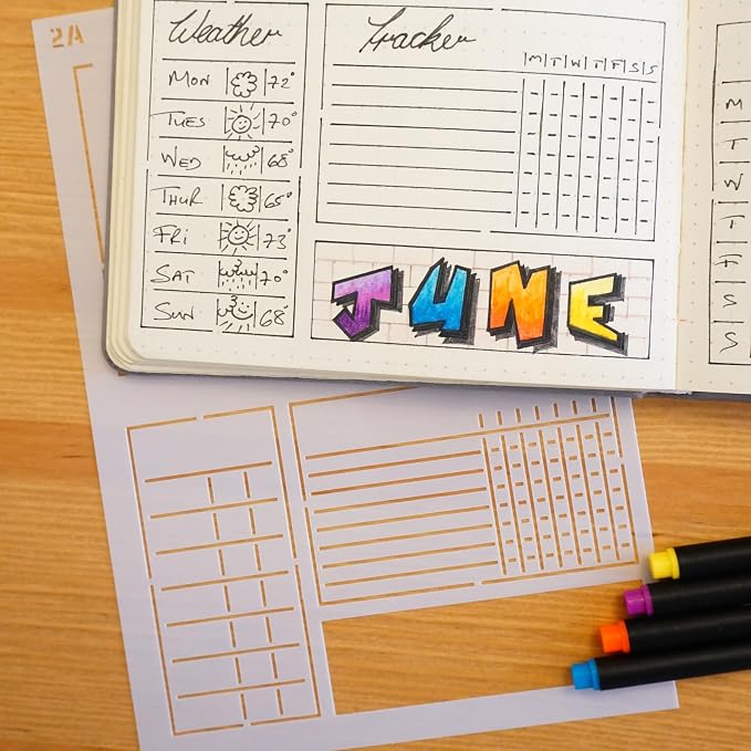 Speedy Spreads Journal Stencils (Weekly Layouts #1) - x6 Stencils for A5 Bullet Dot Grid Journal Notebook, Save Time on Full-Page Layouts, DIY Planner Templates for Productivity by Sunny Streak