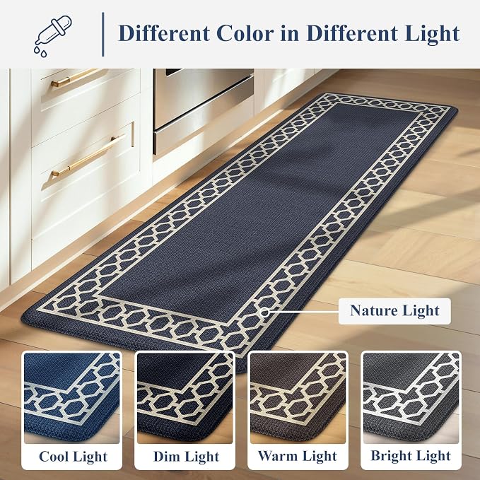 LEEVAN Anti Fatigue Kitchen Mats for Floor, Cushioned Kitchen Mat Set 2PCS | 17.3"x29"+17.3"x47", Boho Navy Blue Kitchen Rugs Non-Slip, Waterproof Ergonomic Standing Mats for Laundry, Office, Bar & Sink