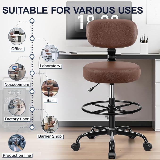 Brick Attic Drafting Chair with Backrest – Adjustable Foot Rest Rolling Stool with Wheels, PU Leather Swivel Stool for Office Spa Studio Lab Counter Salon Home Work Bar Kitchen Shop(Brown)