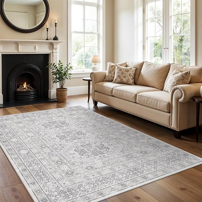 6x9 Area Rugs for Living Room:Washable Oriental Rug for Bedroom Dining Room Carpet 6 by 9 Indoor Non Slip Rubber Backing Neutral Nursery Dorm Home Office Kids Beige (Grey, 6x9)