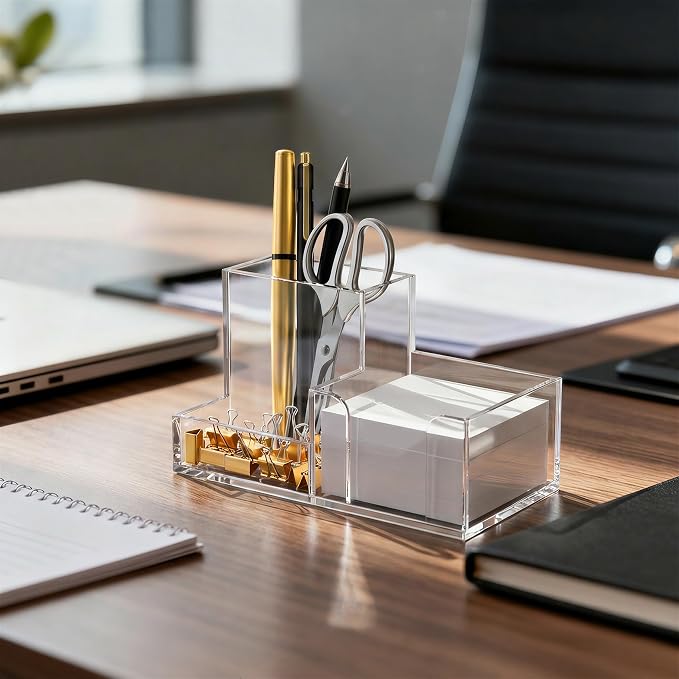 HBlife 2-Pack Acrylic Pen Holder for Desk, 3-Compartment Small Desk Organizer, Clear Office Supplies Desk Accessories with Sticky Notes Holder Stores Post It Notes 3X3 for Office, Home and School