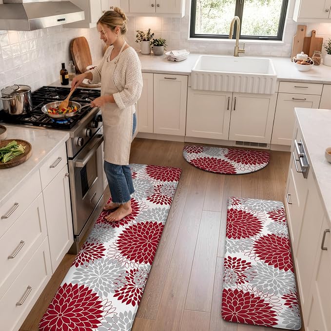 KIMODE Half Circle Anti Fatigue Mats for Kitchen Floor Rug Sets of 3 | 18"x28+18"x47"+18"x59",Red Dahlia Floral Boho,Half Round,3PCS,Non Slip,Waterproof,for Sink Office Laundry Bathroom Decor