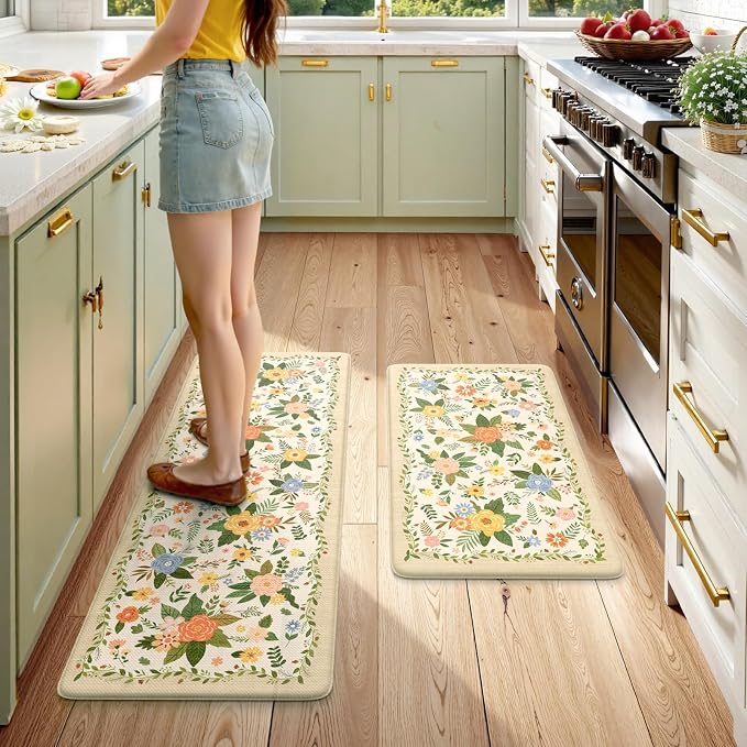 KIMODE Kitchen Mats for Floor Anti Fatigue,Beige Boho Kitchen Rugs Non Slip | Padded Kitchen Floor Mats, Memory Foam Kitchen Mats Cushioned, Standing Desk Mat for Laundry Office Bath Sink 17"x47"+17"x29"