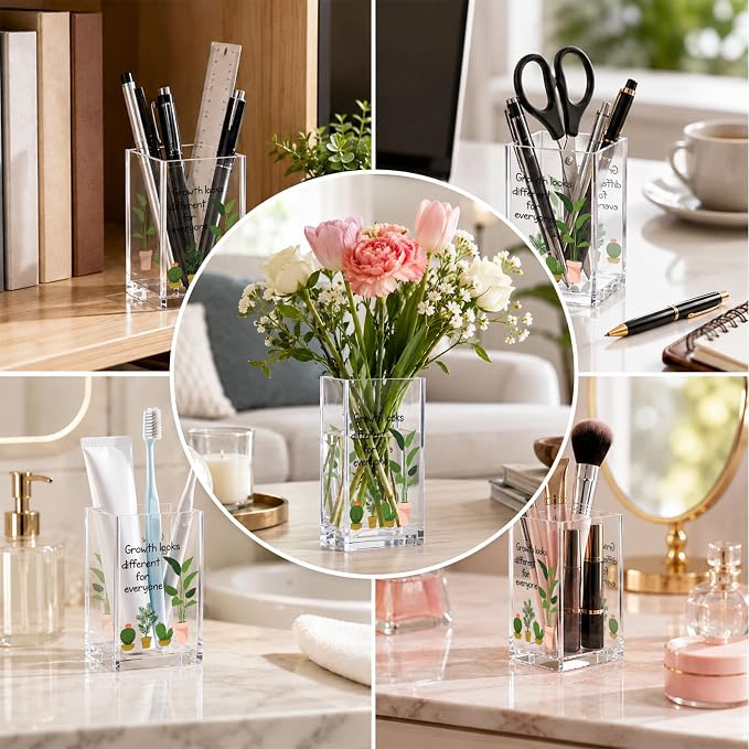 Acrylic Pen Holder Cup, Growth Looks Different for Everyone Desk Decor, Inspirational Pencil Holder Organizer, Motivational Gift for Coworker Friend Women