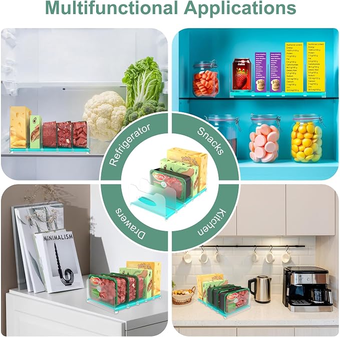 Freezer Organizer,12" Visible Fridge Organizer Rack with Removable Dividers | Freely Adjustable,Easy to Pull Out and Carry Handle, Fits Refrigerator Frozen Meals, Lunch Meat Box, Cheeses, Mint Green