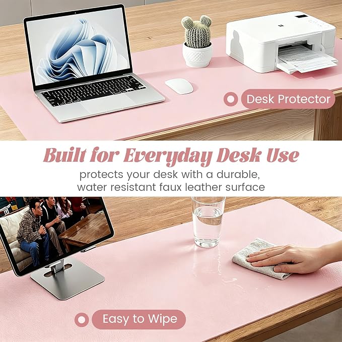 Large Pink Dry Erase Desk Mat with Weekly & Monthly Dry Erase Planners | Reversible Dual-Texture Desk Pad with Interchangeable Planning Pages,Faux Leather Desk Mat for Office-16"x34"