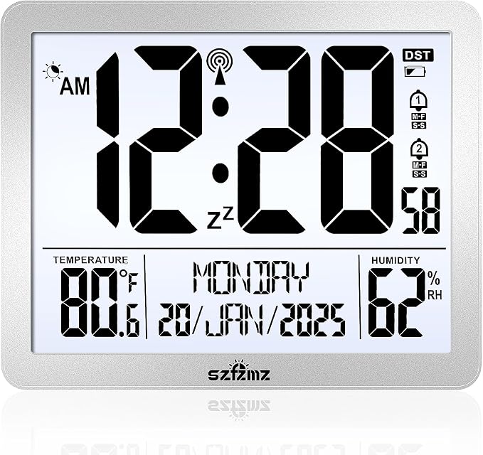 Digital Wall Clock Battery Operated with Backlight, Atomic Alarm Clocks with Indoor Temperature & Humidity for Bedrooms, Office, 8.5" Small Desk Clock with Large Display for Seniors, Auto DST, Sliver