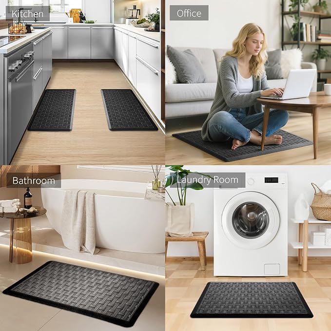 2PCS UKISS Kitchen Rugs, Cushioned Anti Fatigue Kitchen Mats for Floor, Waterproof Kitchen Rug,Non-Slip Comfort Standing Mat for Kitchen (Black, 17.3"x28"+17.3"x28")