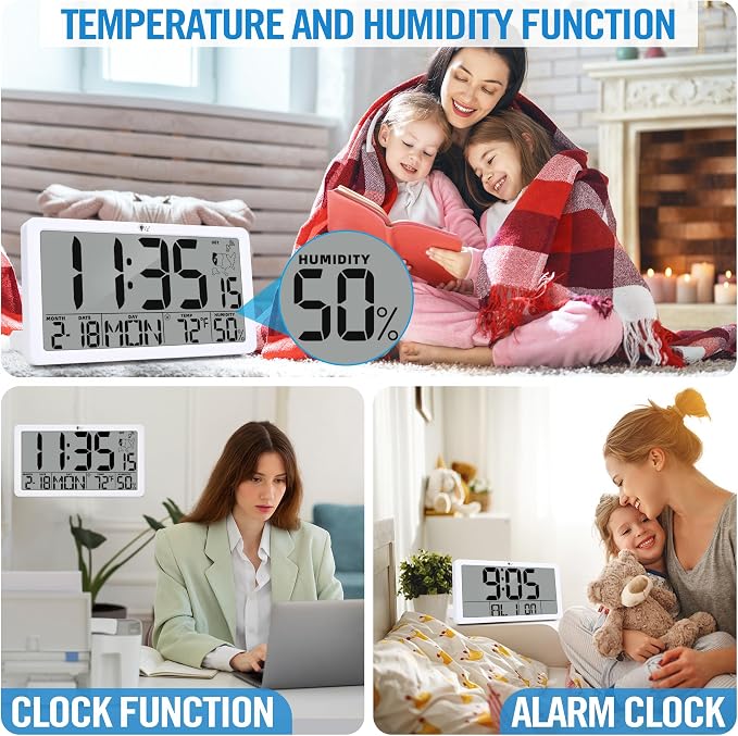 TXL Atomic Digital Wall Clock, Battery Operated with Temperature & Humidity, Auto DST, Date & Weekday, Easy Set Alarm, for Living Room, Bedroom, Office & Classroom (White)