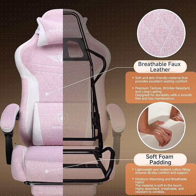 GTPLAYER Gaming Chair with Footrest, Ergonomic Office Chair 400lbs Heavy Duty, Big and Tall Computer Desk Chair with Lumbar Support and Headrest, Breathable Linen Fabric, 90-155° Recline Pink