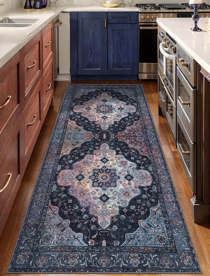 Tangsoo 2x5 Washable Runner Rug for Hallways, Non Slip Vintage Runner, Soft Low Pile Long Rug Runner, Print Distressed Navy/Mlulti Carpet Runners for Kitchen Bedroom Entryway Bathroom Living Room