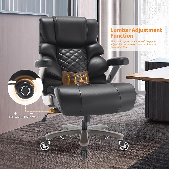 VUZI 700lbs Big and Tall Office Chair, Large Executive Leather Desk Chair | Adjustable Lumbar Support for Back Pain, Plus Size Wheels, 3D Flip Arms, Heavy Duty Metal Base, Wide Seat Computer Chair