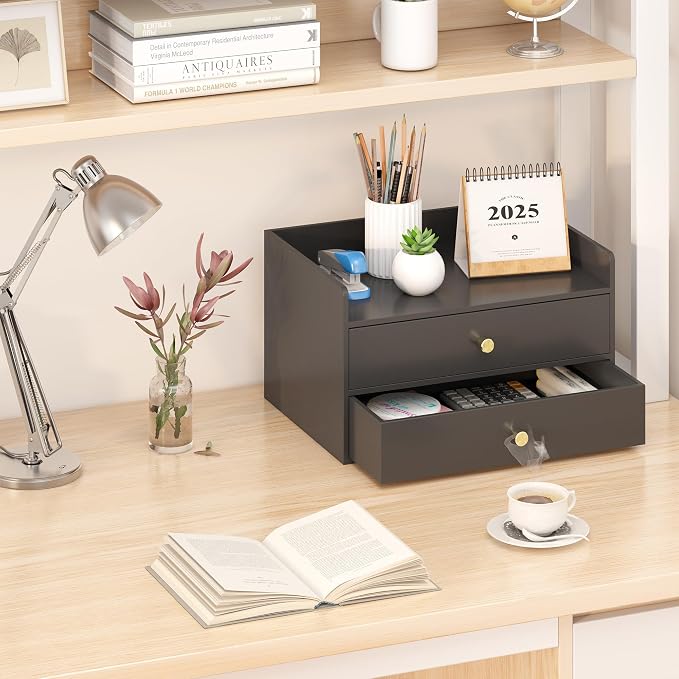 Bamboo Desk Organizer with Drawers,Wooden Desktop Storage(2 Drawers, Black) | 100% Bamboo 2 Pull-Out Drawers No Assembly Required Space-Saving Design