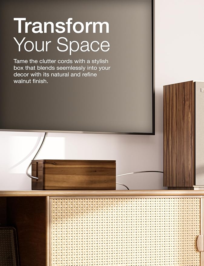 TIDITA 16" L Wooden Large Cable Management Box Round Edge (Walnut Color) | 2 Cable Entry Slots, Magnetic Lid, Non-Skid Pads, Solid Acacia Wood, Wooden Power Strip Box, Surge Protector Box