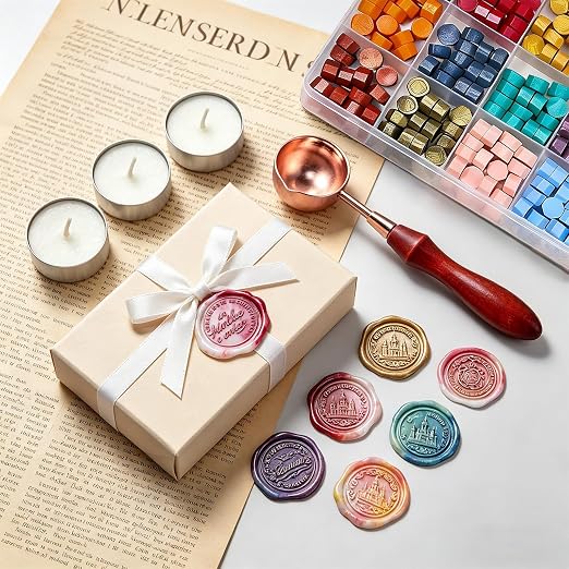 TRINIDa Wax Seal Kit - 420 Pcs in 28 Colors, Eco-Friendly Fast Melting Sealing Wax, Smokeless & Bubble-Free Wax Seal Beads with Melting Spoon & 10 Tea Lights for Wedding Invitations & Envelopes