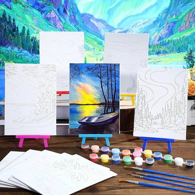 Blosssound 10 Set Pre Printed Canvas Pre Drawn Canvas Painting with Easel Kits 5" x 7" Outline Painting Panels for Beginners, DIY Craft Project, Home Decors(Dream Sky)