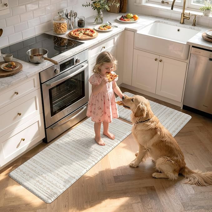 KIMODE Kitchen Mats Cushioned Anti Fatigue, Farmhouse Kitchen Rugs Sets of 2, Memory Foam Kitchen Mats for Floor, Waterproof Standing Mat for Kitchen Decor Laundry Office Desk Khaki 17"x47"+17"x29"