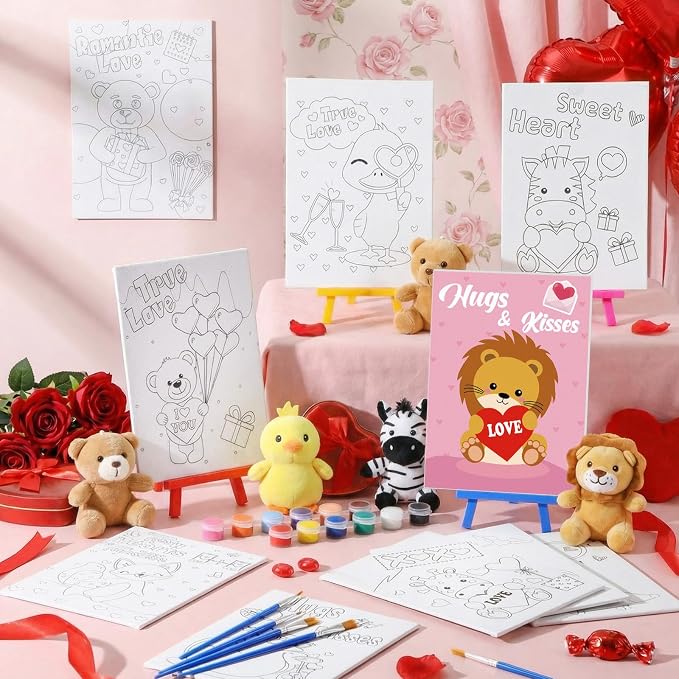 Blosssound 10 Set Valentine's Day Jungle Animals Pre Printed Canvas Pre Drawn Canvas Painting with Easel Kits 5" x 7" Outline Painting Panels for Beginners, DIY Craft Project, Party Favor, Home Decors