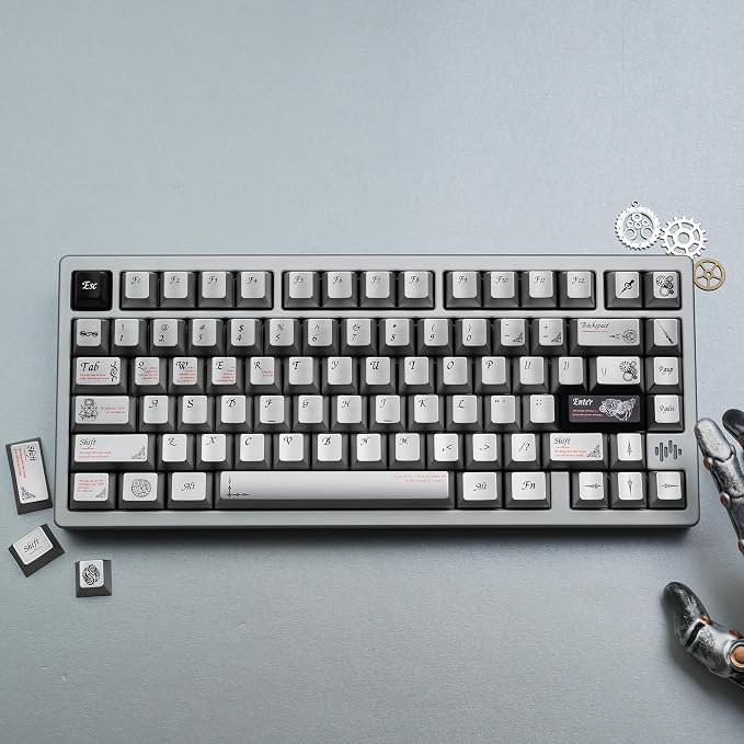 womier Metal Paint Textured Mechanical Keyboard Keycaps, Retro Dye Sub & Double Shot PBT Keycaps 60 75 100 Percent, Cherry Profile Custom Aluminum Keyboard Keys Caps Set 112 Keys, Space Gray