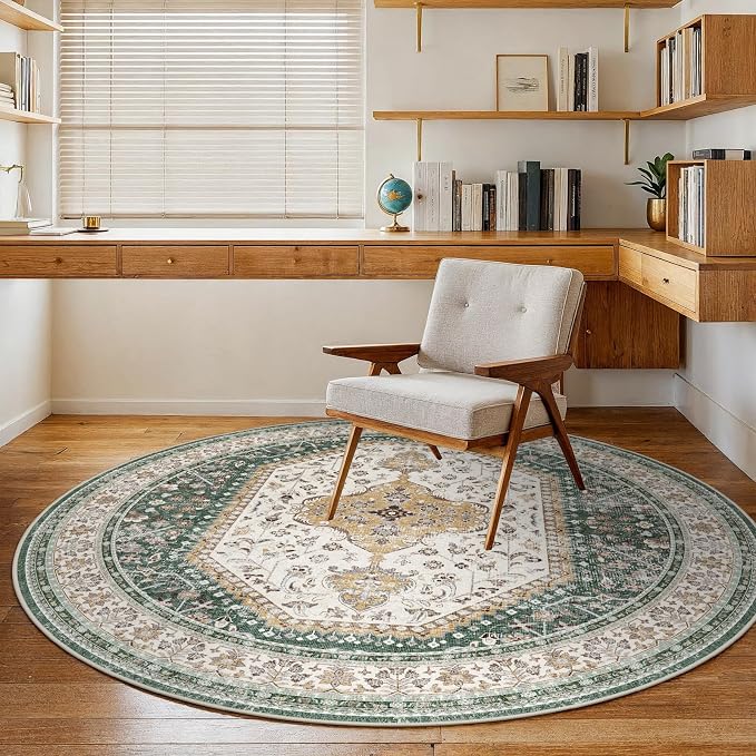 Puino 6FT Round Area Rugs for Living Room: Circle Rugs Machine Washable Oriental Low Pile Soft Non Slip Backing Vintage Indoor Rug for Bedroom Nursery Dining Room Home Office Green/Beige