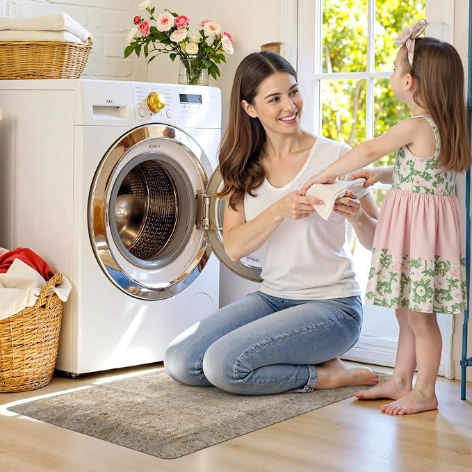 Anti Fatigue Kitchen Mats for Floor, Waterproof Kitchens Sink Rugs Cushioned Comfort Standing Desk Mat, Khaki Vintage Non Slip Floral Foam Rug for Laundry, House, Office, 17.3''x28''