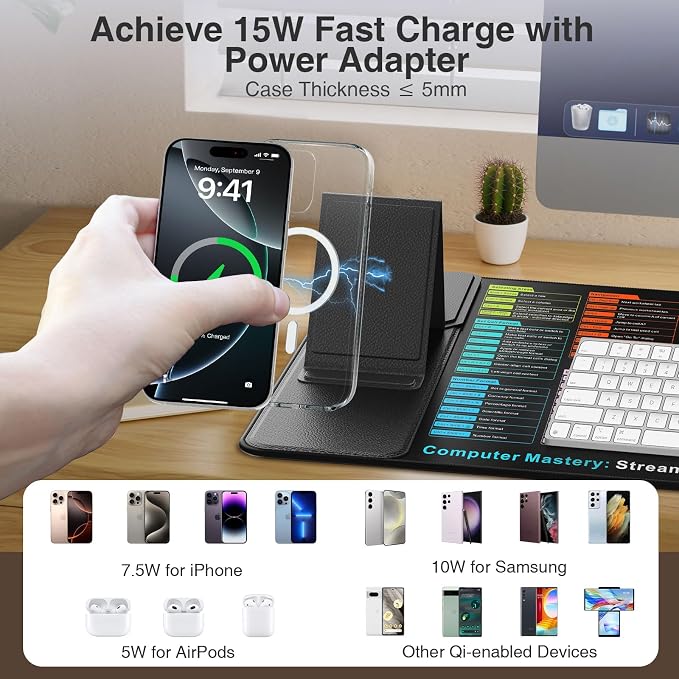 Wireless Charging Mouse Pad with Foldable Phone Holder, 31.5"x15.8" in | XXL Excel Cheat Sheet Desk Mat for Laptop/Keyboard, Waterproof Ultra-Smooth Surface, Non-Slip Base