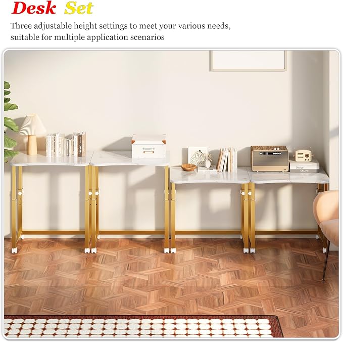 UDD No Tools Assembly Folding Desk, 23.6" Mobile Computer Desks with Wheels, Foldable Writing Fold Table, Portable Collapsible Work Craft Tables for Small Space Home Office Bedroom, White Gold