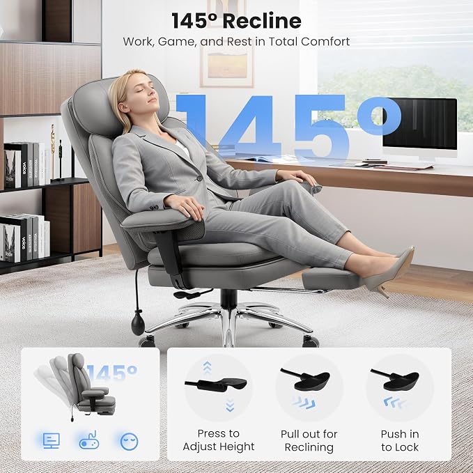 BestGlory Big and Tall Office Chair with Lumbar Support, Executive Leather Computer Desk Chair, Heavy Duty Comfortable Gaming Chair with Double Layer Cushion & Footrest for Home Office Gaming