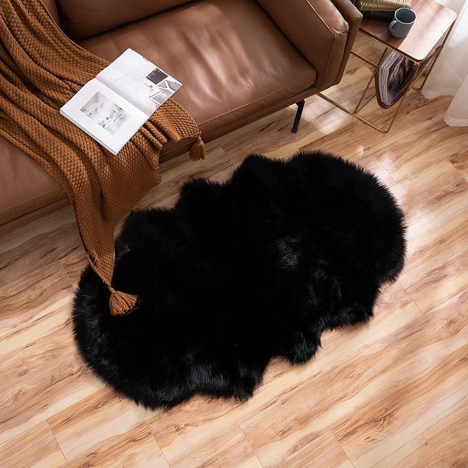 MIULEE Luxury Super Soft Fluffy Area Rug Faux Fur Sheepskin Rug Decorative Plush Shaggy Carpet for Bedside Sofa Floor Halloween 3 x 5 Feet, Black