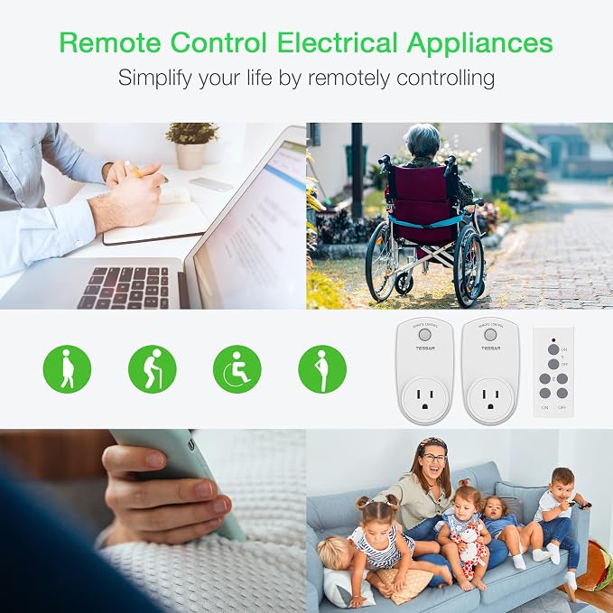 2 Pack Remote Control Outlet, TESSAN Wireless Electrical Plug Switch for Lights, Lamps, Fans, 100ft RF Range, 1200W (1 Remote + 2 Outlet)