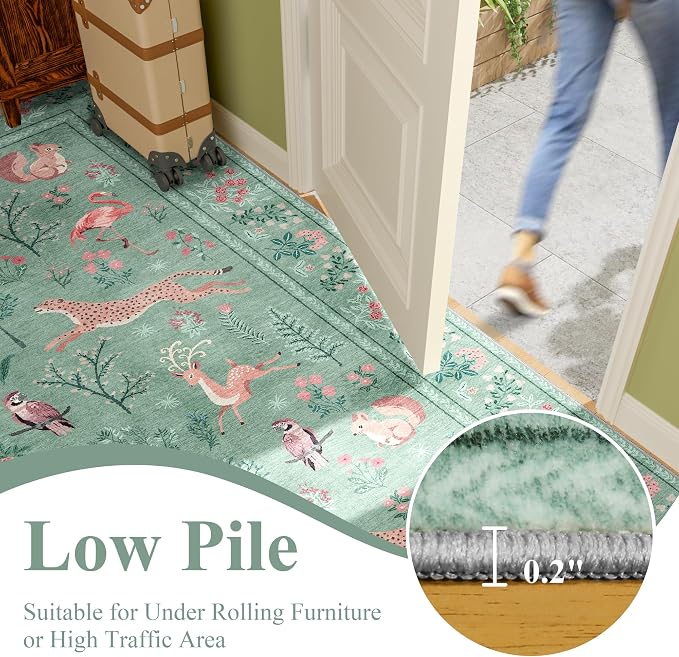 DUKINO Runner Rug, 2x8 Washable Kitchen Rugs for Hallways with Non Slip Backing, Soft Low Pile Vintage Animal Runner for Kitchen, Hallway, Entryway, Laundry, Bedroom, Teal