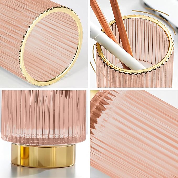 DASITON Makeup Brush holder Organizer,Crystal Cosmetic Makeup Brush Glass Brushes Storage Holder, Vintage Make Up Brush Cup Pen Pencil Holder striped vase(Pink S+L)